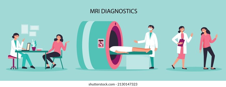 Hospital composition with mri diagnostics view of medical apparatus and flat characters of doctors and patient doctor illustration
