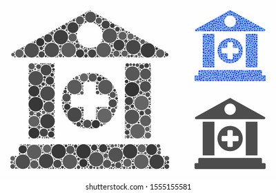 Hospital composition of round dots in different sizes and shades, based on hospital icon. Vector round dots are grouped into blue illustration. Dotted hospital icon in usual and blue versions.