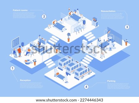 Hospital concept 3d isometric web scene with infographic. People waiting in reception, doctors work at resuscitation and wards, ambulance cars parking. Vector illustration in isometry graphic design