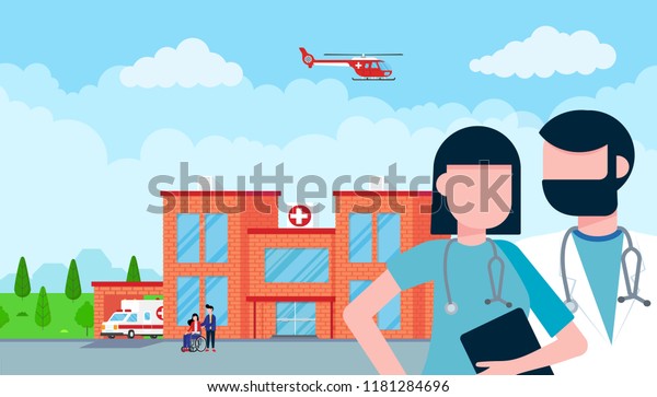 Hospital concept brick building, doctor, nurse,
patients, helicopter and ambulance car in flat style. Hospital
building, doctors, nurses, woman in wheelchair, ambulance car,
helicopter and
houses.
