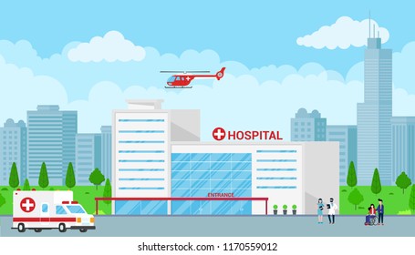 Hospital concept with building, doctor, nurse, patients, helicopter and ambulance car in flat style. Hospital building, doctors, nurses, woman in wheelchair, ambulance car, helicopter and city behind.