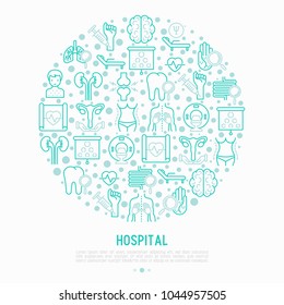 Hospital concept in circle with thin line icons for doctor's notation: neurologist, gastroenterologist, manual therapy, ophtalmologist, cardiology, allergist, dermatologist. Vector illustration.