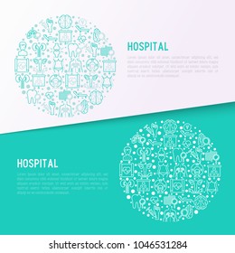 Hospital concept in circle with thin line icons for doctor's notation: neurologist, gastroenterologist, manual therapy, ophtalmologist, cardiology, allergist, dermatologist. Vector illustration.