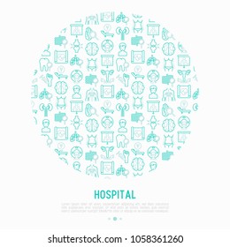 Hospital concept in circle with thin line icons for doctor's notation: neurologist, gastroenterologist, manual therapy, ophtalmologist, cardiology, allergist, dermatologist. Vector illustration.