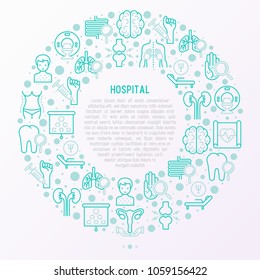 Hospital concept in circle with thin line icons for doctor's notation: neurologist, gastroenterologist, manual therapy, ophtalmologist, cardiology, allergist, dermatologist. Vector illustration.