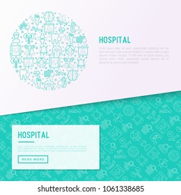 Hospital concept in circle with thin line icons for doctor's notation: neurologist, gastroenterologist, manual therapy, ophtalmologist, cardiology, allergist, dermatologist. Vector illustration.