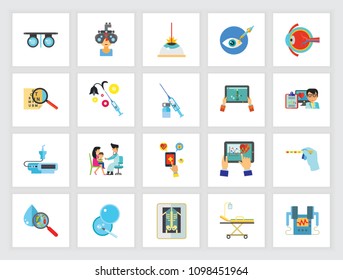 Hospital concept. Flat icon set. Optometry, examination, diagnostic tools. Can be used for topics like medicine, science, technology, health