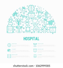 Hospital concept in half circle with thin line icons for doctor's notation: neurologist, gastroenterologist, manual therapy, ophtalmologist, cardiology, allergist, dermatologist. Vector illustration.