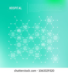 Hospital concept in honeycombs with thin line icons for doctor's notation: neurologist, gastroenterologist, manual therapy, ophtalmologist, cardiology, allergist, dermatologist. Vector illustration.