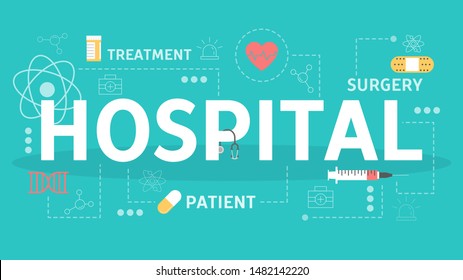 Hospital concept. Idea of medical clinic and healthcare. Proffesional medical service, health treatment. Flat vector illustration