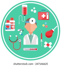 Hospital concept with item icons. Doctor with first aid kit in flat design style