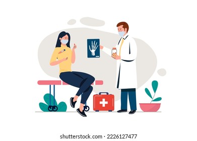 Hospital concept with people scene in the flat cartoon design. Doctor shows the X-ray of the patient's hand. Vector illustration.