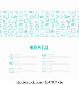 Hospital concept with thin line icons for doctor's notation: neurologist, gastroenterologist, manual therapy, ophtalmologist, cardiology, allergist, dermatologist. Vector illustration for print media.