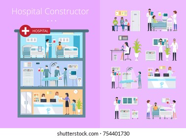 Hospital constructor set of icons with doctors, surgeons and nurses taking care after patients. Vector illustration with visualization of hospital services