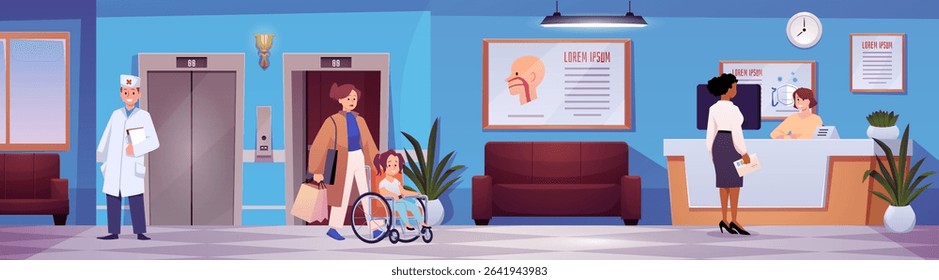 Hospital corridor with elevator, patients, doctor, reception, medical posters and modern furniture. Administrator serves at the desk, woman with child in wheelchair. Cartoon flat style.