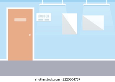 Hospital corridor flat color vector illustration. Medical clinic. Doctor office entrance. Fully editable 2D simple cartoon interior with physician door on background. Bebas Neue font used