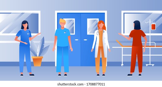 Hospital corridor. Health care clinic interior with equipment. Intensive therapy ward. For horizontal banner. Flat vector illustration. Doctors and nurses talking. Medical staff team