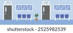 Hospital corridor illustration. Hospital hallway. Clinic hall. Hospital lobby. Medical center waiting room. Clinic waiting chair. Doctor room facade. Public health care. Doctor office.