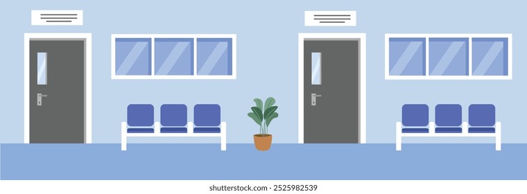 Hospital corridor illustration. Hospital hallway. Clinic hall. Hospital lobby. Medical center waiting room. Clinic waiting chair. Doctor room facade. Public health care. Doctor office.