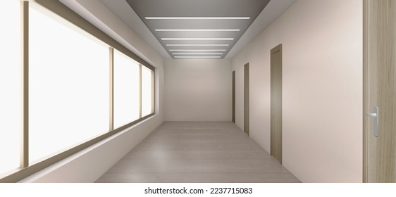 Hospital corridor interior with closed doors, windows and ceiling lamps. Empty hallway with beige walls in apartment house, hotel, school or clinic, vector realistic illustration