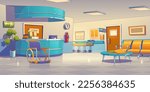 Hospital corridor interior design with reception desk, bench in waiting hall, wheelchair and stretcher for patients. Contemporary vector illustration of empty clinic hallway. Healthcare services