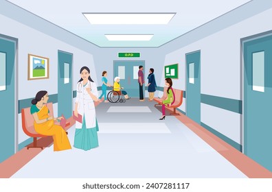 Hospital corridor, hospital interior, Female doctor with patient, pregnant woman, Nurse, Patient on wheel Chair etc.