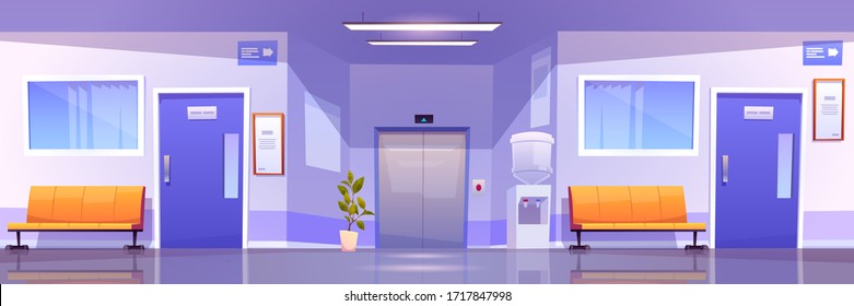 Hospital corridor interior, medical clinic hall. Vector cartoon illustration of empty waiting hallway in hospital with chairs, doors to wards, water cooler and elevator