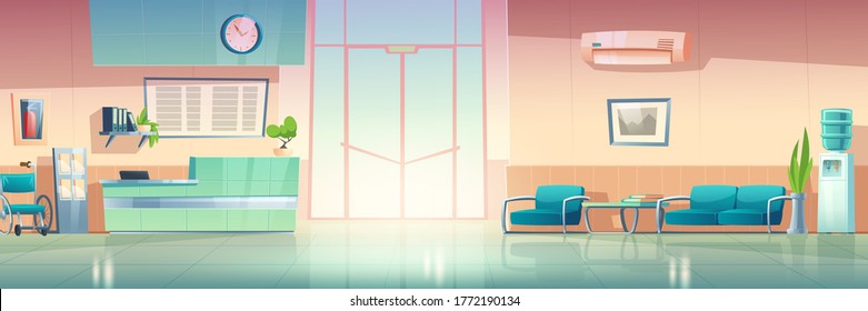 Hospital corridor interior, medical clinic hall. Vector cartoon illustration of waiting hallway in hospital with chairs, counter, door, water cooler and conditioner on wall