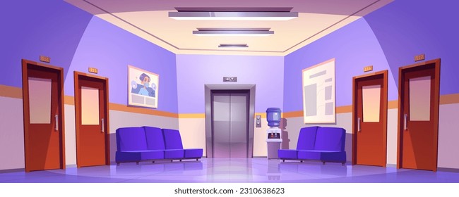 Hospital corridor interior vector background. Hallway room with elevator inside emergency clinic building cartoon illustration. Waiting in lobby near doorway to ward on chair. Clean medicine hall