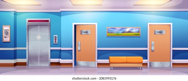 Hospital corridor interior vector cartoon illustration. Empty hall in medical clinic with elevator, sofa and doors to wards. Waiting hallway or lobby for patients with couch and lift.