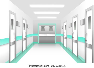 Hospital Corridor Realistic Vector. Clinic Office Hallway Or Emergency Center Interior Illustration With Closed Door To Surgery Room And Doctor Workplace