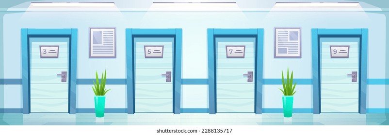 Hospital corridor with room door vector cartoon background. Emergency hallway in clinic with light blue wall and entrance to cabinet or ward with number. Empty ambulatory panorama