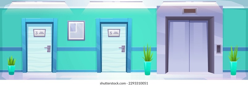 Hospital corridor with room door vector cartoon background. Emergency hallway in clinic inside with double metal elevator and entrance to cabinet or ward with number. Empty ambulatory panorama