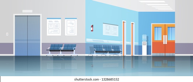 hospital corridor waiting hall with information board chairs elevator and doors empty no people clinic interior flat horizontal banner