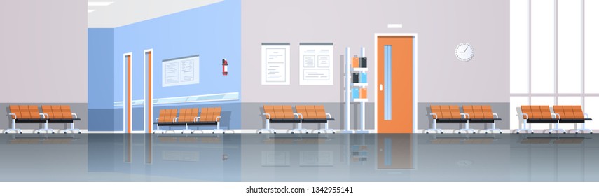 hospital corridor waiting hall with information board chairs and doors empty no people clinic interior panorana flat horizontal banner