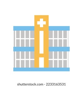 Hospital with cross icon. Institution for treatment of patients and rehabilitation, first aid. Urban real estate and modern style of architecture. Poster or banner. Cartoon flat vector illustration