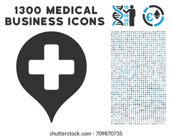 Hospital Cross Map Marker grey vector icon with 1300 medicine commerce icons. Collection style is flat bicolor light blue and gray pictograms.