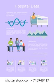 Hospital data poster with patients, doctors and graphs representing statistics. Vector illustration with hospital equipment on light background