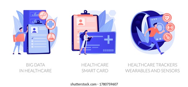 Hospital database, clinic patients records server. Big data in healthcare, healthcare smart card, healthcare trackers wearables and sensors metaphors. Vector isolated concept metaphor illustrations
