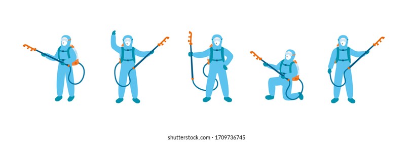 Hospital Decontamination Team in a blue isolation suits. Sterilization procedures, disinfectants and antisepsis for Covid-19. People in Sars-CoV-2 uniforms. Pandemic prevention equipment illustration.