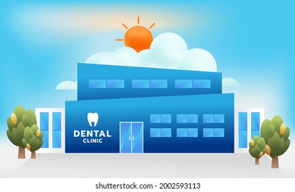 Hospital or dental clinic vector with tree and sky background. Health care or medical concept. Vector illustration.