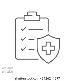 Hospital diagnostic document icon. Simple outline style. Clipboard with shield, health diagnosis, insurance, medical concept. Thin line symbol. Vector illustration isolated. Editable stroke.