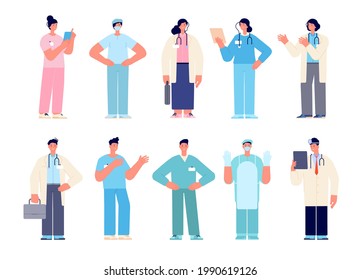 Hospital doctor characters. Doctors clinic, isolated male surgery. Female medical workers, nurse in mask. Cartoon healthcare utter vector set