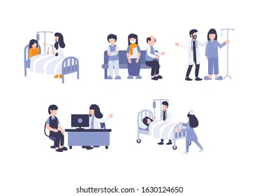 Hospital doctor with patient, flat vector illustration. People sick make a consultation to doctors, medical treatment, hospitalization, nurse service, and consultation therapy. Elements for web.