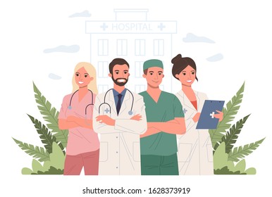 Hospital doctor staff. Physician, practitioner with stethoscope, surgeon flat vector illustration. Healthcare, medicine, clinic, occupation concept for banner, website design or landing web page