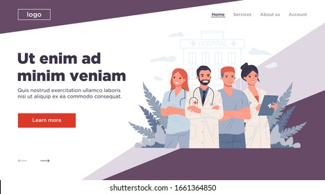 Hospital doctor staff. Physician, practitioner with stethoscope, surgeon flat vector illustration. Healthcare, medicine, clinic, occupation concept for banner, website design or landing web page