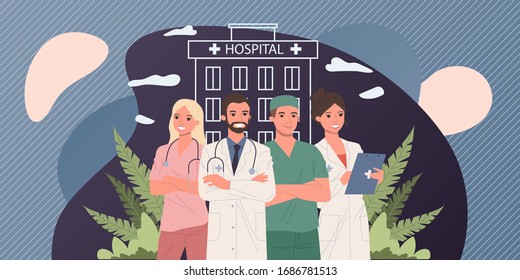 Hospital doctor staff. Physician, practitioner with stethoscope, surgeon flat vector illustration. Healthcare, medicine, clinic, occupation concept for banner, website design or landing web page