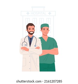 Hospital doctor staff. Physician, practitioner with stethoscope, surgeon flat vector illustration. Healthcare, medicine, clinic, occupation concept