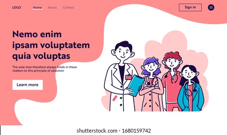 Hospital doctor staff. Team of physicians in white coats and scrubs with stethoscopes flat vector illustration. Medicine, occupation, clinic concept for banner, website design or landing web page