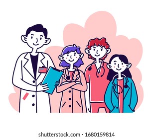 Hospital doctor staff. Team of physicians in white coats and scrubs with stethoscopes flat vector illustration. Medicine, occupation, clinic concept for banner, website design or landing web page